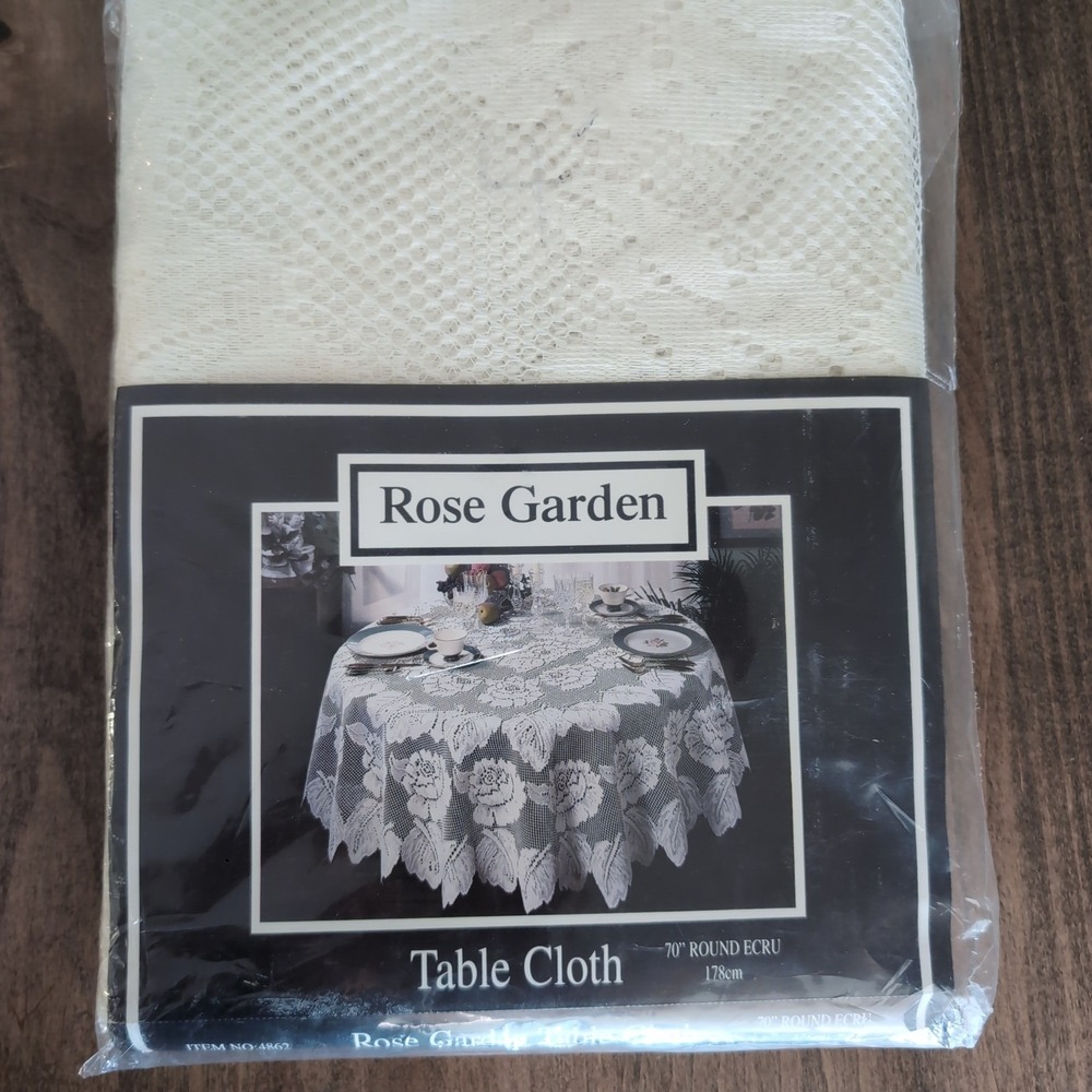 Vintage Rose Garden Tablecloth 70" Ecru Floral Lace Round Made in USA NOS New